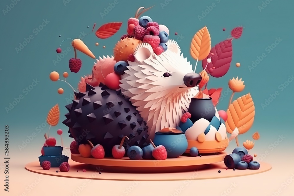 Poster a hedge is sitting in a teacup surrounded by berries and leaves zoo graphic design print design gene