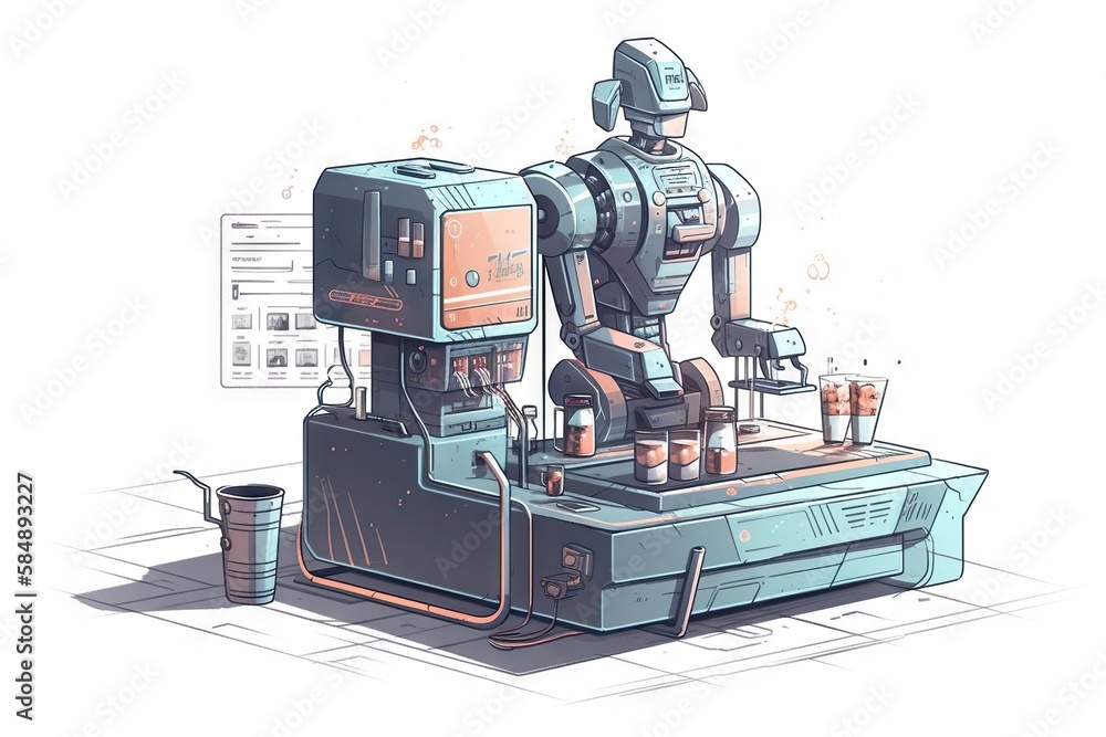 Poster a robot is making a drink from a blender and a cup coffee shop animation robotics engineering genera
