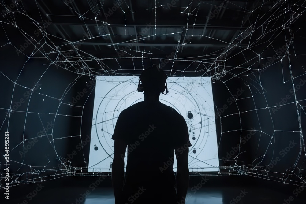 Poster a man standing in front of a screen with lines on it science museum video art virtual reality genera