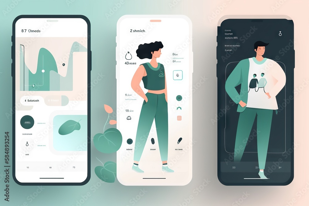 Poster three smartphones with different illustrations of people on them one of them is showing a man fitnes
