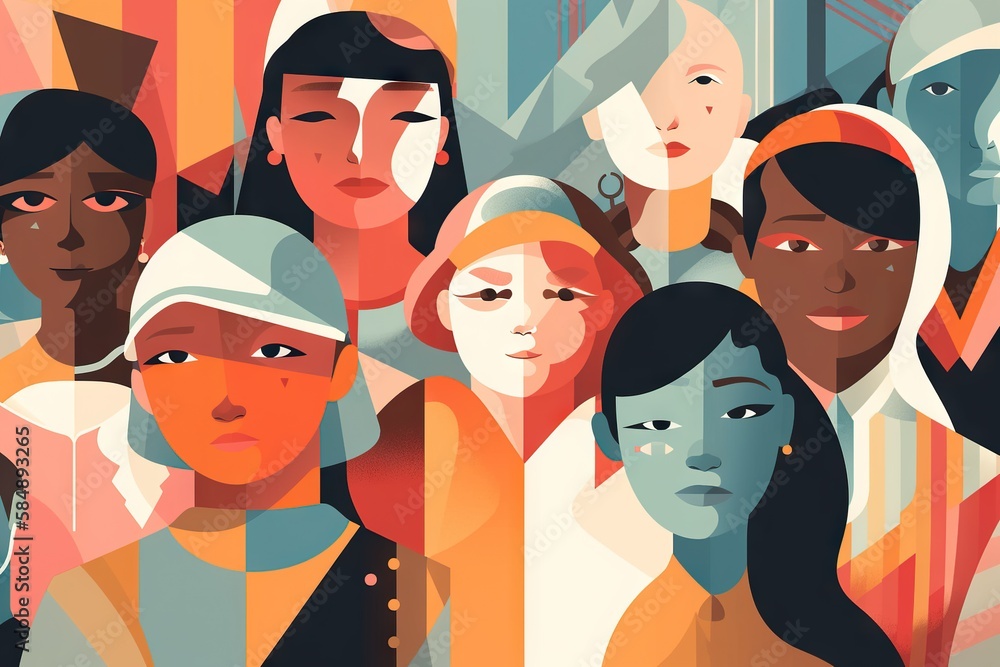 Poster a group of people standing together in a crowd of different colors subway station fauvism diversity 