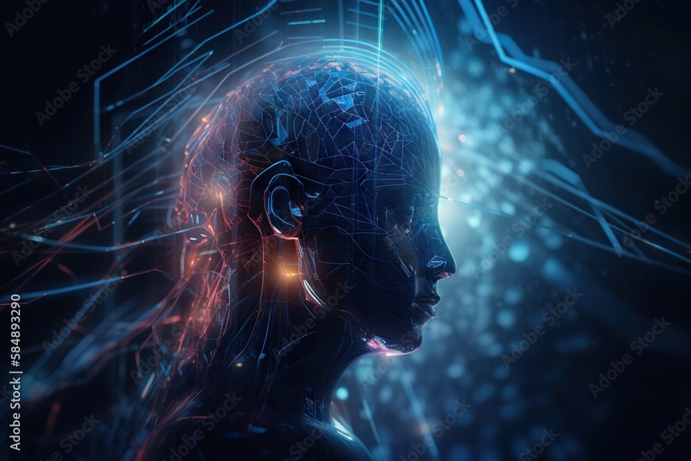 Aufkleber a woman's head with a futuristic pattern on it and a glowing light coming from her factory animation