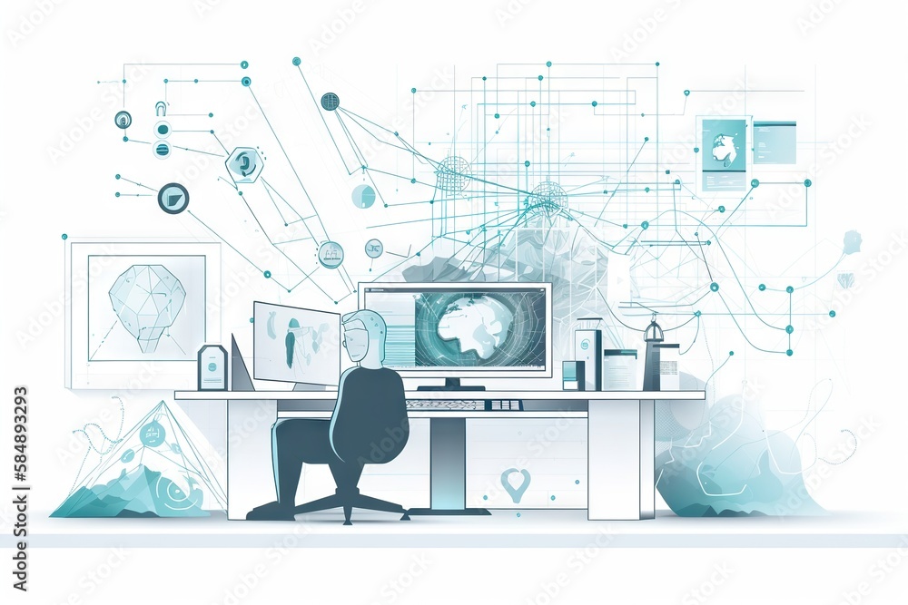 Poster a person sitting at a desk with a computer and a monitor workshop graphic design supply chain optimi