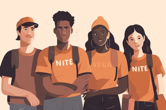 A Group Of People Wearing Orange Shirts And Backpacks Standing Together Nightclub Graphic Design Diversity And Inclusion Generative AI  Generative Ai, Generative, AI, 