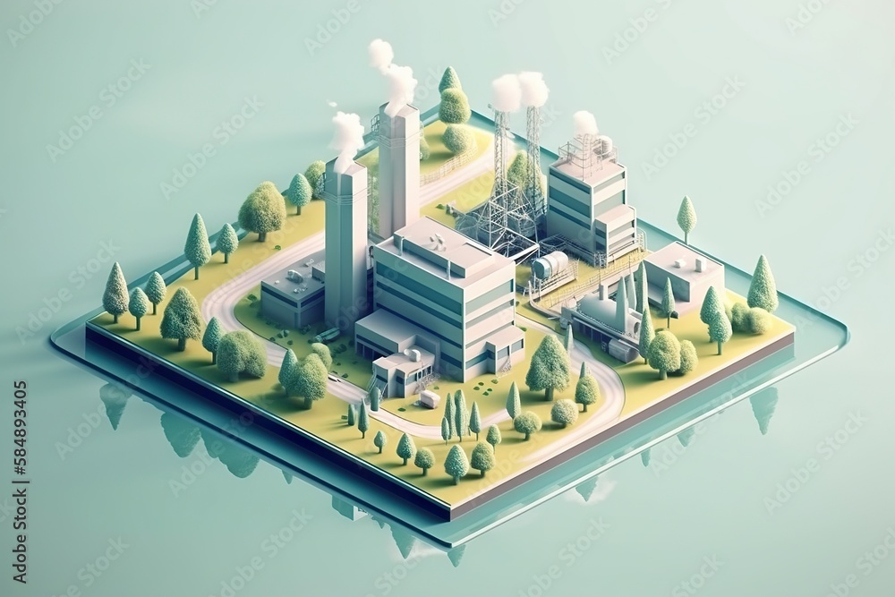 Poster a factory with smoke stacks and trees on a small island in the middle of the water power plant anima