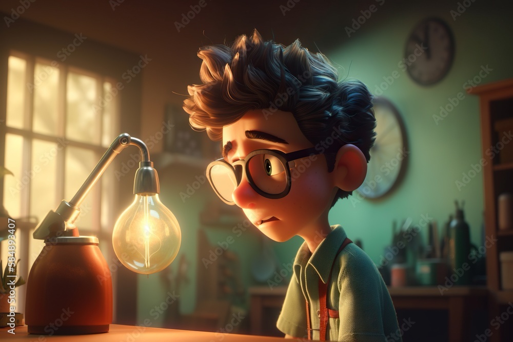 Poster a boy looking at a light bulb in a room with a clock workshop animation animation filmmaking generat