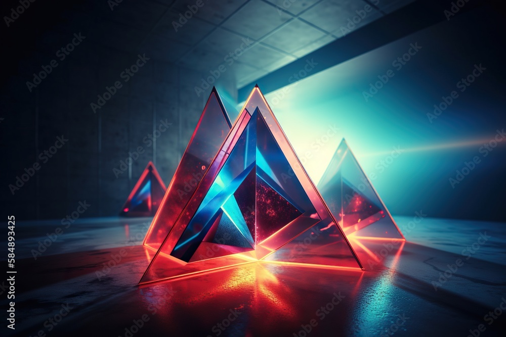 Poster a group of three triangular shaped objects on a floor with a light shining through the middle aquari