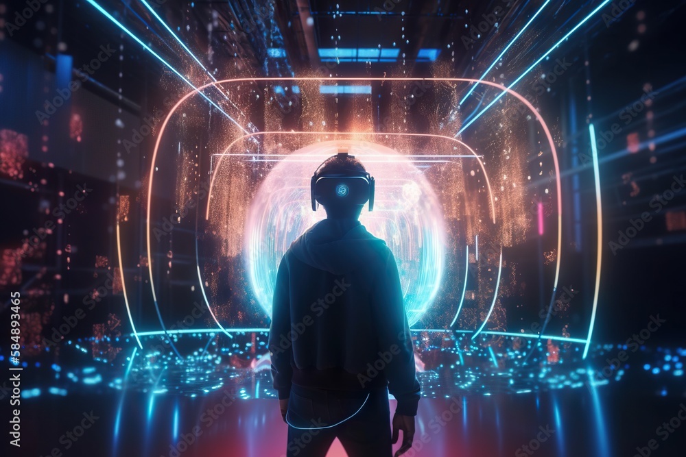 Poster a man in a futuristic space with a virtual reality helmet on factory animation virtual reality gener