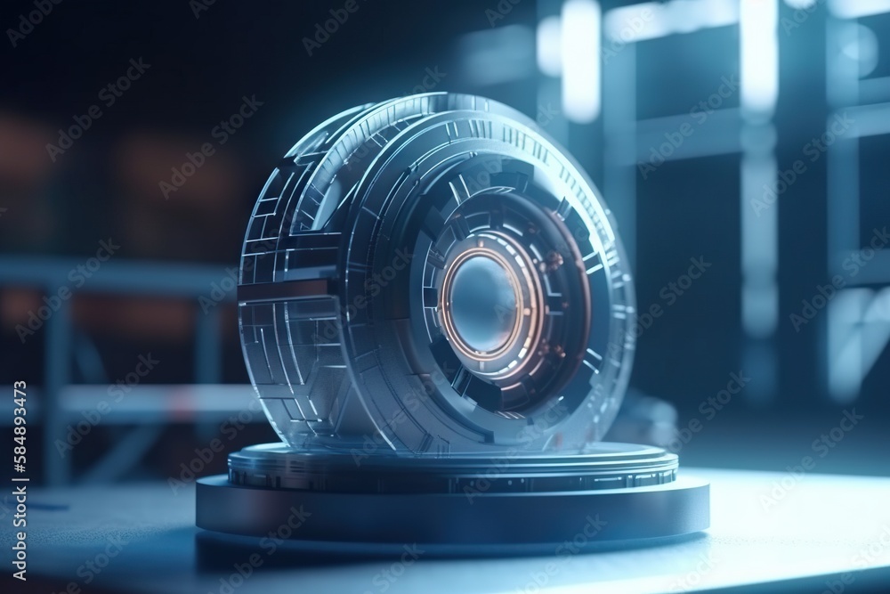 Poster a futuristic object is shown on a table in a dark room factory animation motion graphics generative 