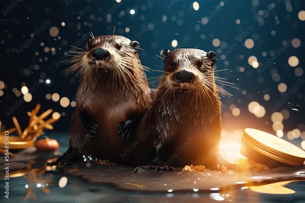 Poster two otters are sitting on a surface with gold coins and a blue background ice rink photorealism moti