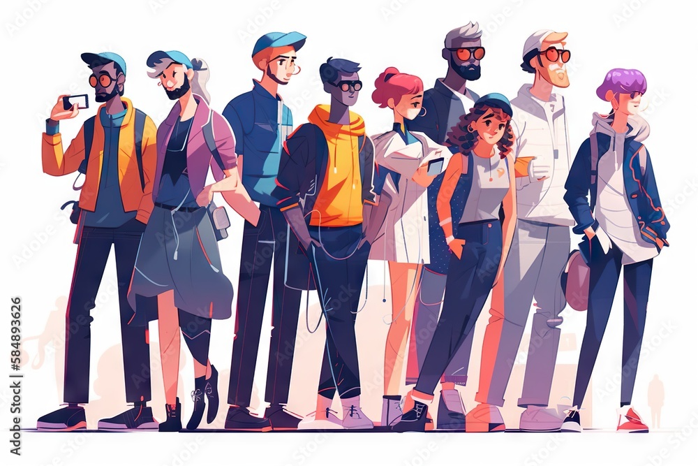 Poster a group of people standing next to each other in front of a white background urban street animation 