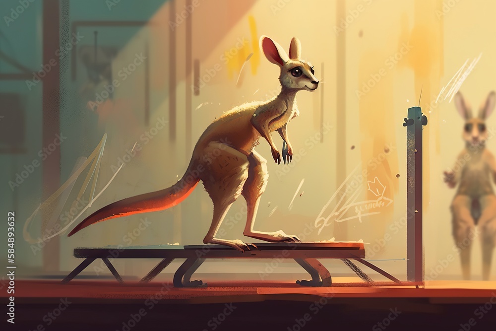 Poster a kangaroo standing on a wooden platform in front of a group of kangaroos factory animation manufact