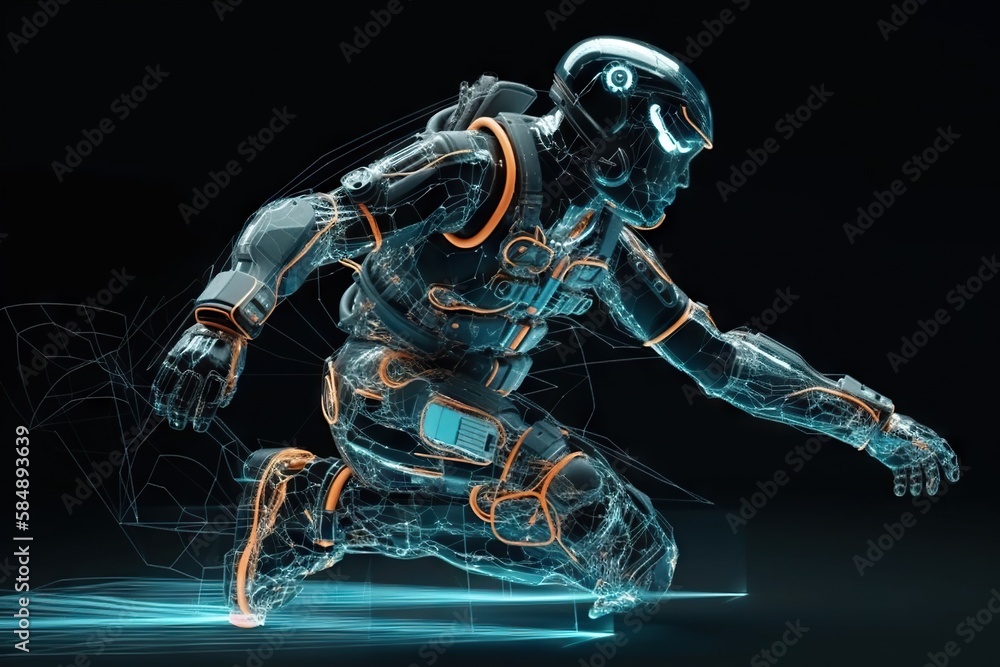 Poster a robot running with glowing lines and dots around it in the dark sports bar animation robotics engi