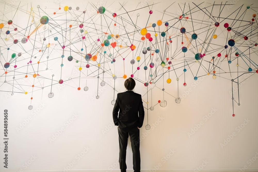 Poster a man standing in front of a wall with a painting on it conference room installation art network eng