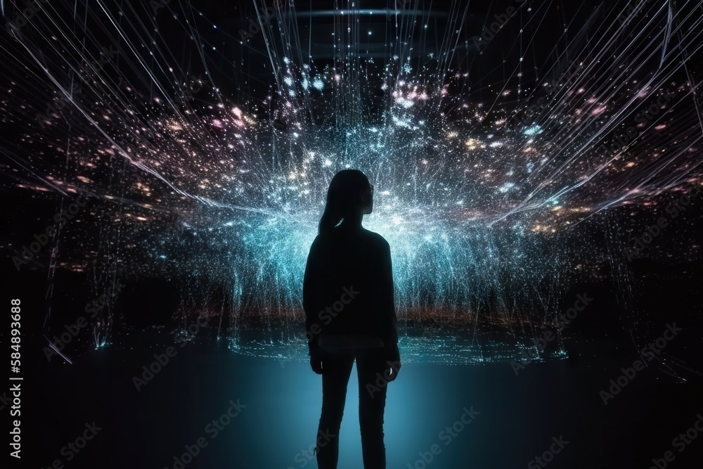 Poster a person standing in front of a large screen with lights on it science museum video art data analyti