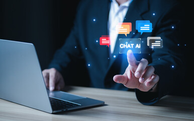 businessman Chat with AI, Artificial Intelligence. man using technology smart robot AI, artificial intelligence by enter command prompt for generates something, Futuristic technology transformation.