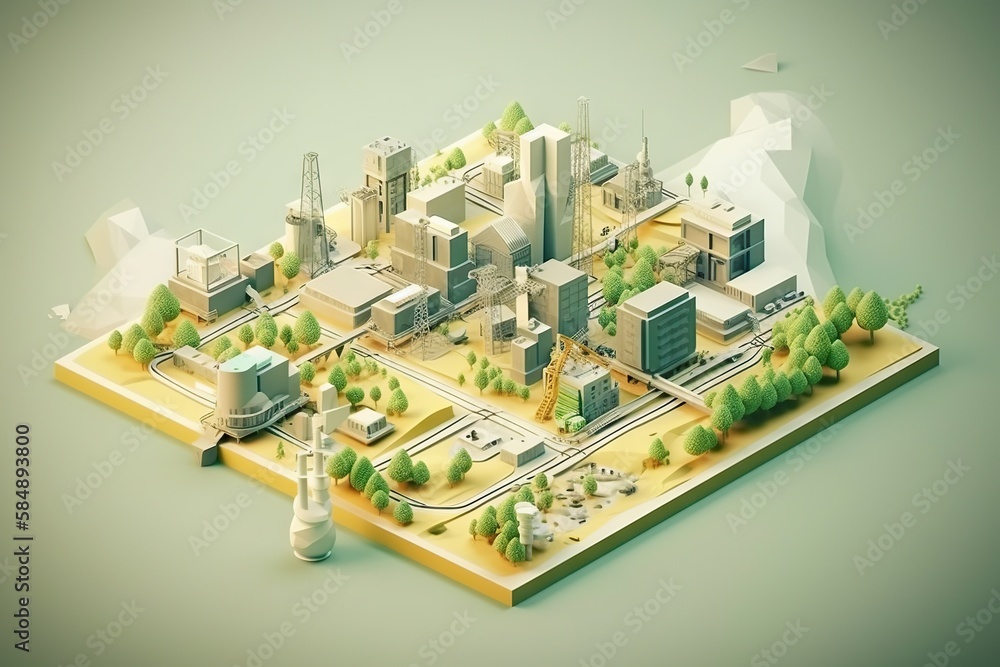 Poster a city with a lot of trees and buildings on it and a windmill power plant animation motion graphics 
