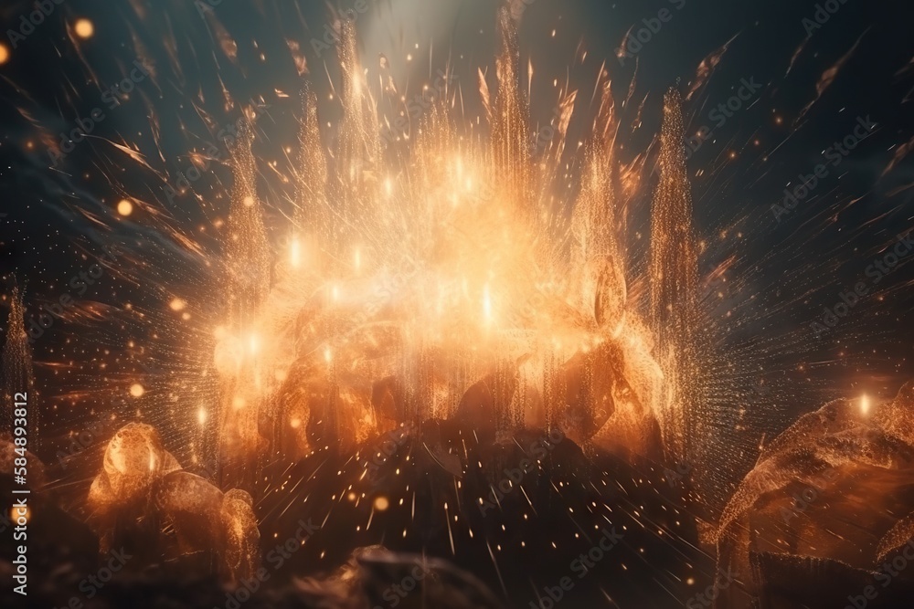 Poster a large group of fireworks exploding in the air with bright lights volcano animation mining generati