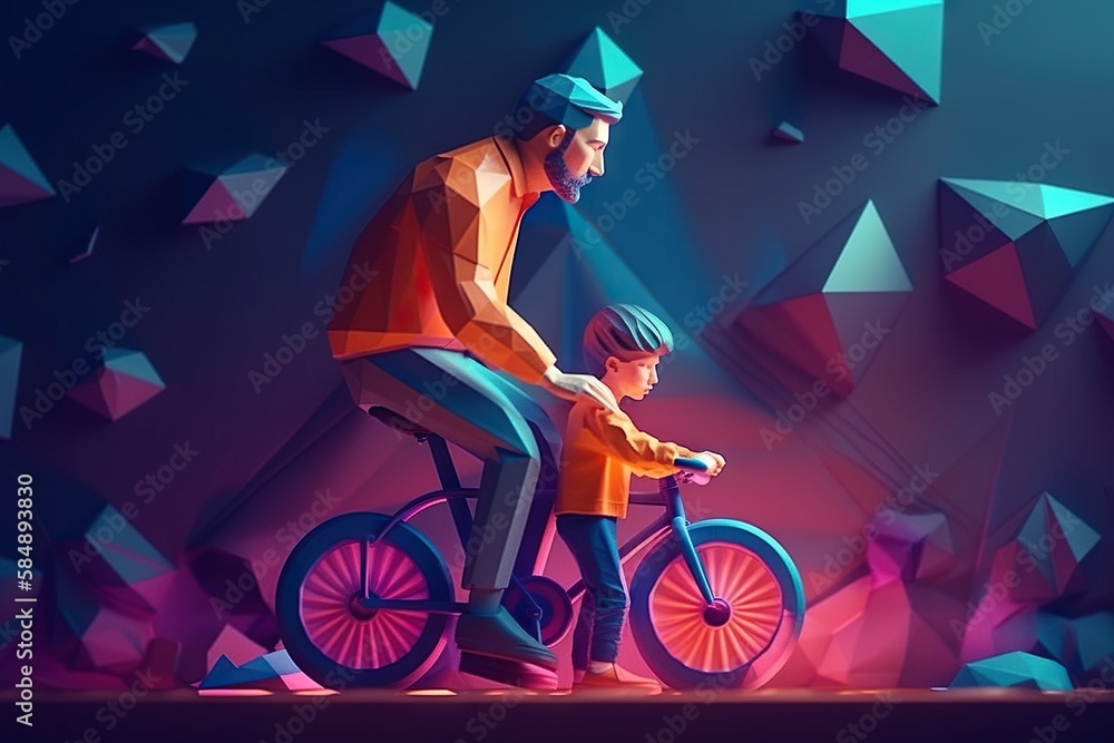 Poster a man and a child riding a bike in a colorful background bike path animation motion graphics