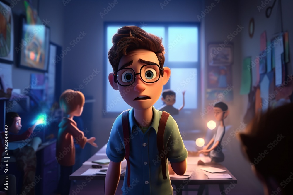 Aufkleber a cartoon character is standing in a room with a light on classroom animation animation filmmaking