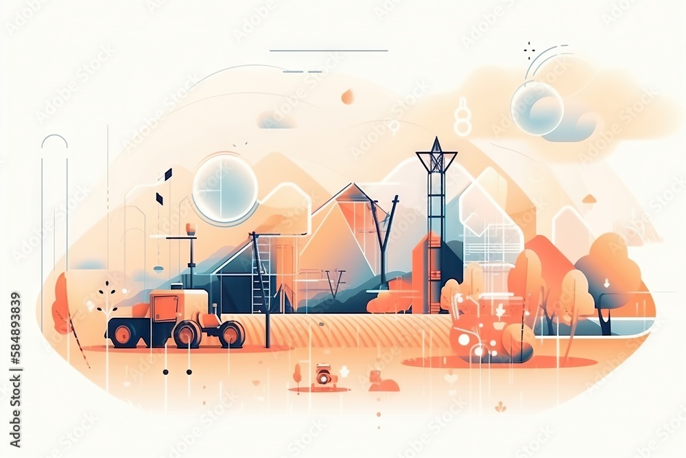 Poster a stylized illustration of a factory with a tractor and a building farm environmental art motion gra