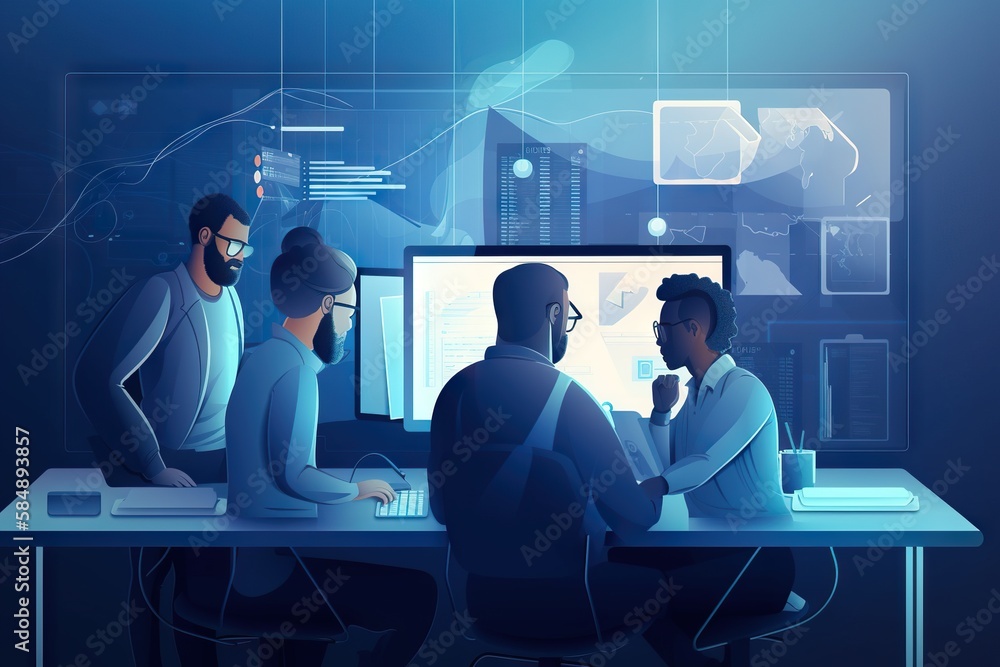 Poster a group of people sitting at a desk in front of a computer workshop graphic design supply chain opti