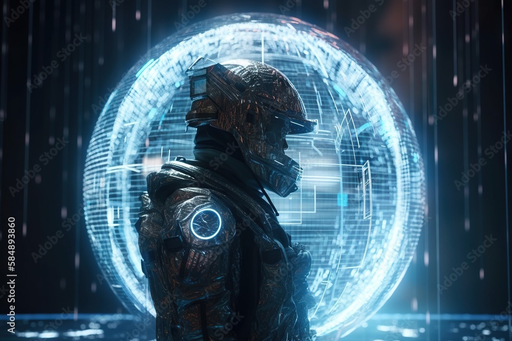 Poster a man in a futurist ic suit standing in front of a circular object lunar landscape animation artific