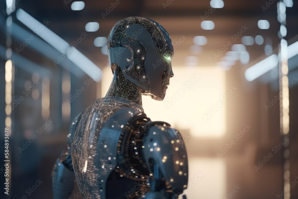 Poster a robot standing in a hallway with a light shining on it factory animation robotics engineering gene
