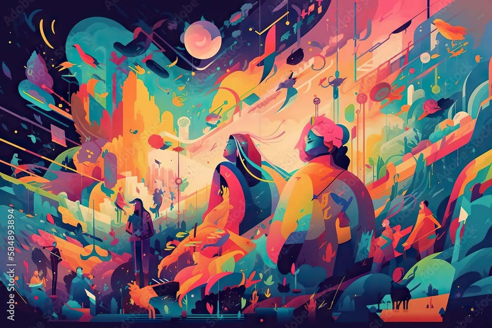 Poster a painting of two people standing in front of a colorful background zoo animation motion graphics