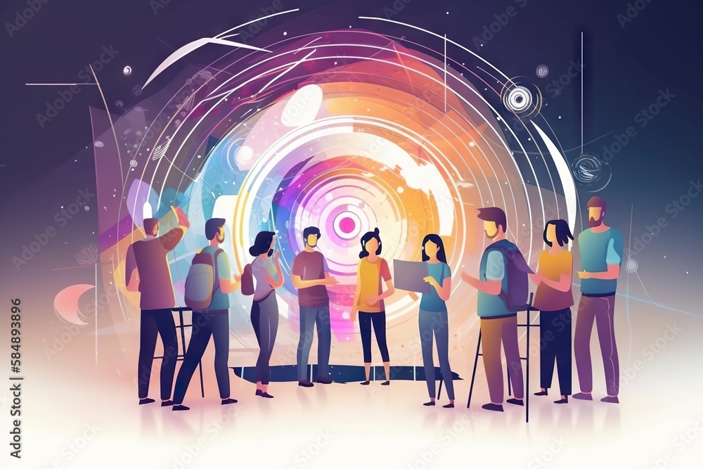 Aufkleber a group of people standing in front of a colorful background with circles workshop graphic design in