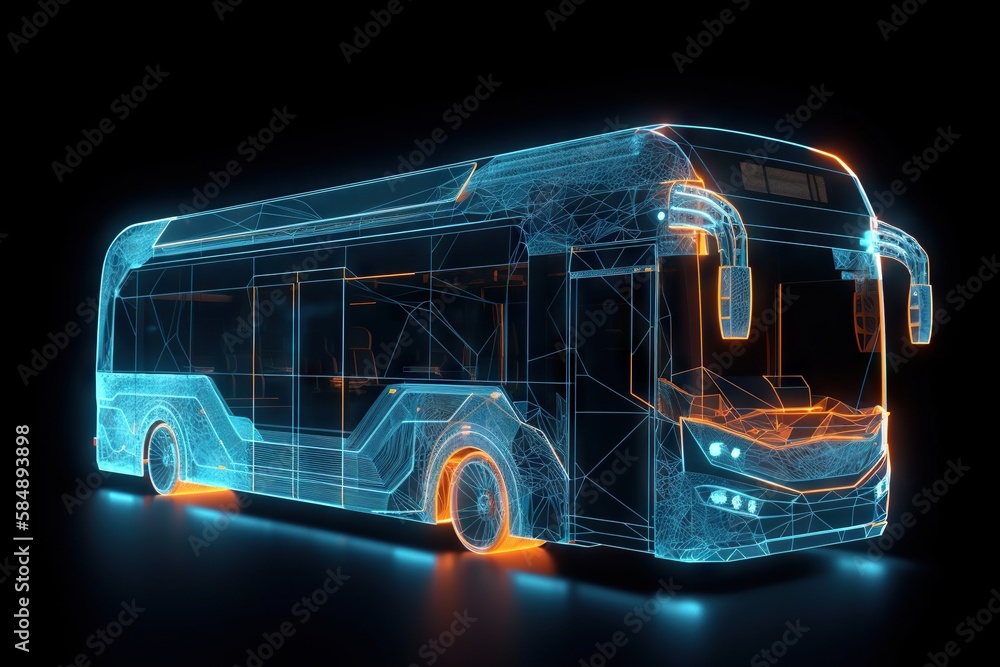 Poster a bus is shown in a futuristic style with neon lights on the side bus station animation supply chain