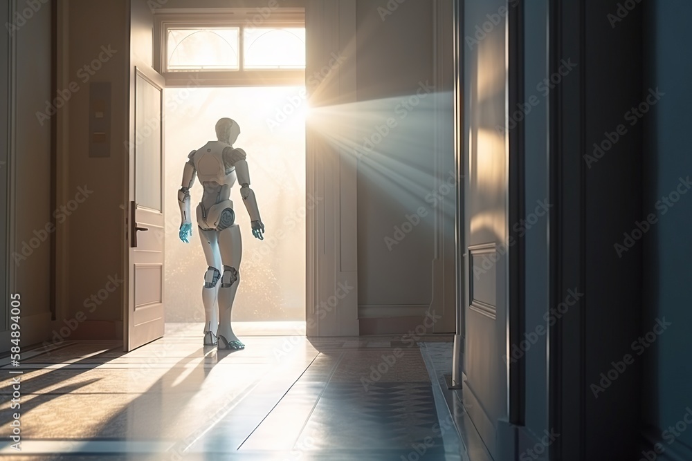 Aufkleber a robot walking into a hallway with a light coming through the door workshop advertising photography