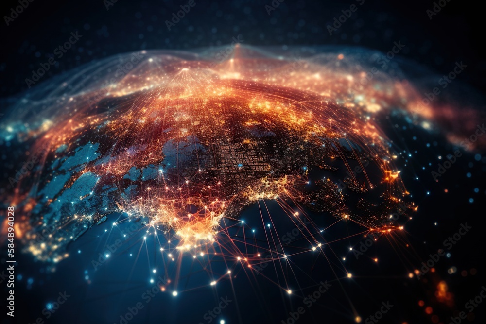 Poster a large network of lights over a dark background with a map of the world modern city skyline at blue