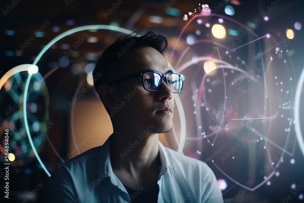 Poster a man wearing glasses looking at a futuristic display of circles and stars workshop animation data s