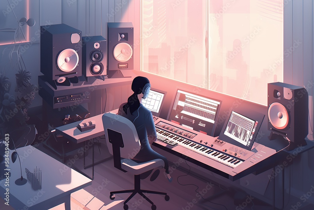 Poster a woman sitting at a desk with a keyboard and a monitor recording studio animation music production 