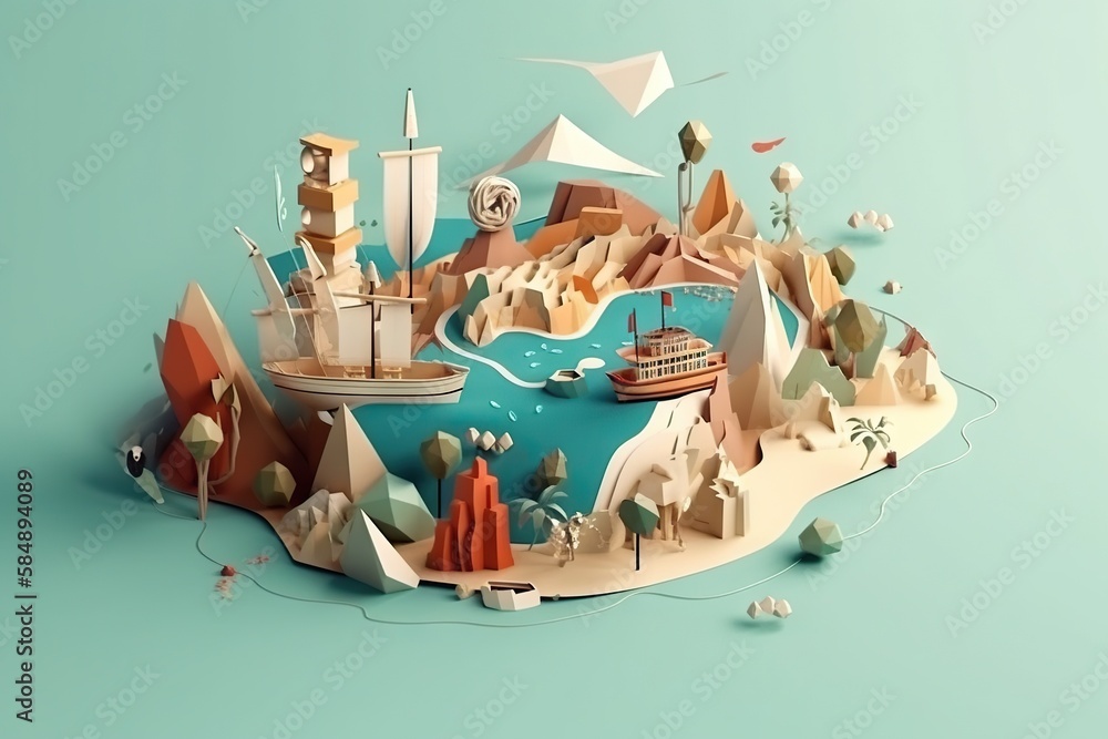 Aufkleber a paper cut of a boat floating in a lake surrounded by mountains oasis paper cutting motion graphics