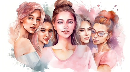 Group portrait of cute girls. In watercolor style. generative AI