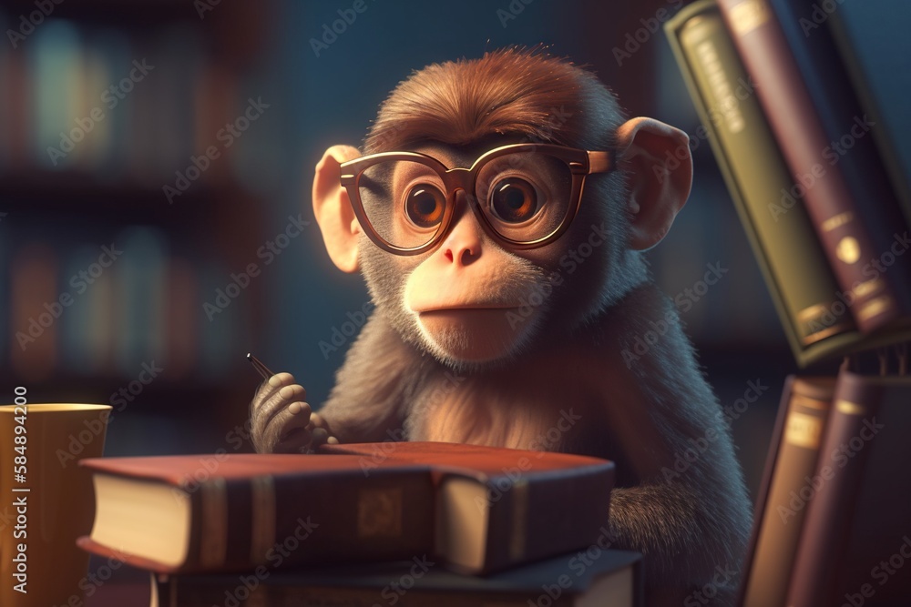 Poster a monkey with glasses sitting at a table with a book and a cup library animation animation filmmakin