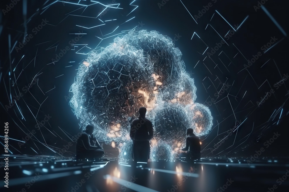 Fototapete A Group Of People Standing In Front Of A Large Object With Many Lines Deep Sea Trench Animation Motion Graphics Generative AI 