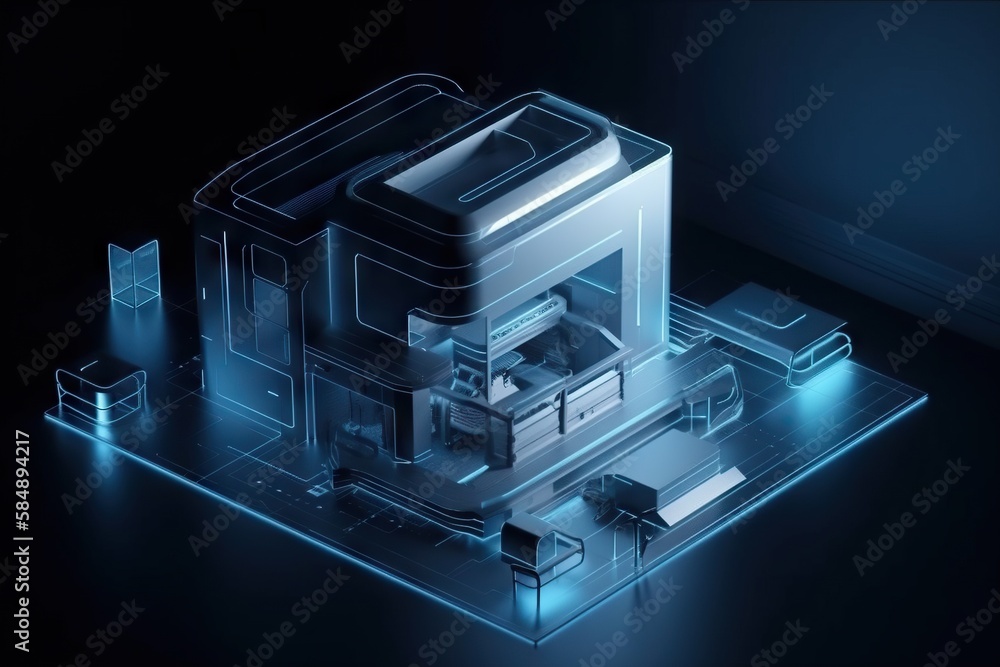 Poster a futuristic building with a large window and a door on top of it factory paper cutting manufacturin