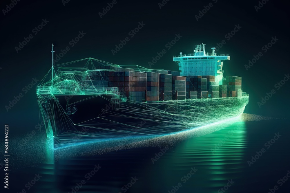 Poster a large container ship with a lot of lines on it's side industrial port panoramic photography supply
