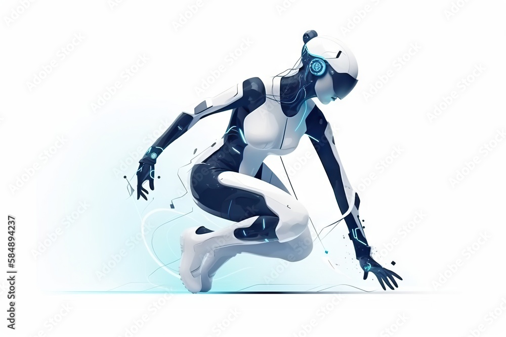 Aufkleber a woman in a white and black suit is running with a blue light workshop animation robotics engineeri