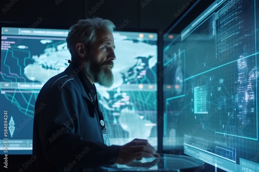 Poster a man with a beard is looking at a computer screen with a map on it conference room animation cybers