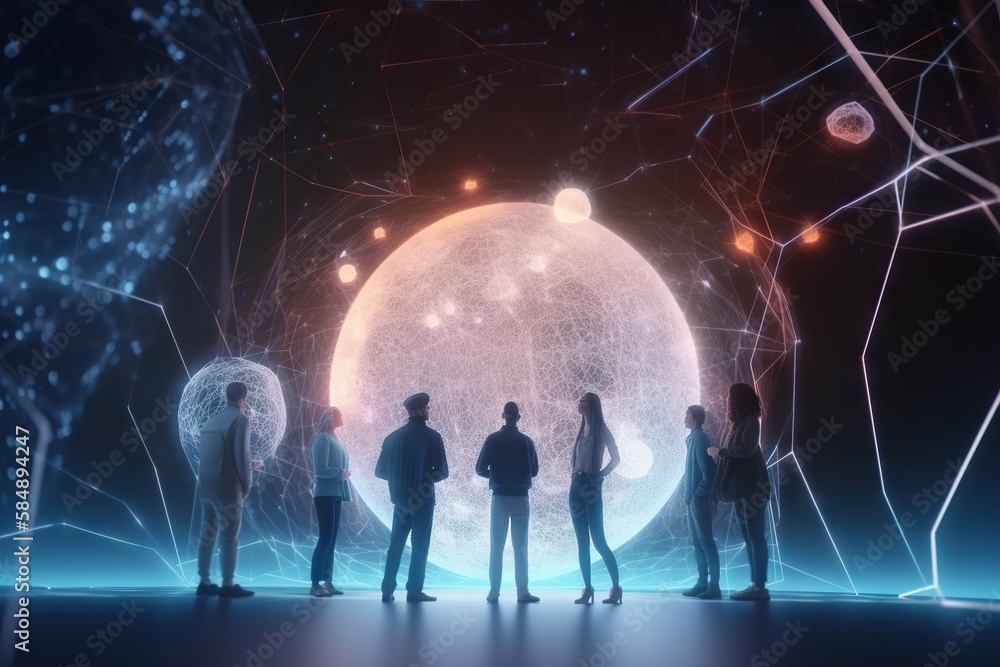 Poster a group of people standing in front of a large object with lines and dots deep sea trench video art 
