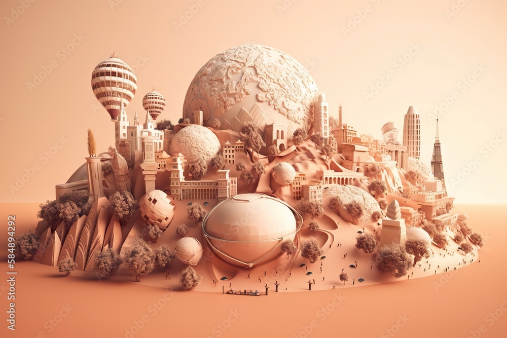 Poster A Large Group Of Objects Are In A Desert Landscape With Buildings And Trees Lunar Landscape Paper Cutting Motion Graphics Generative AI 