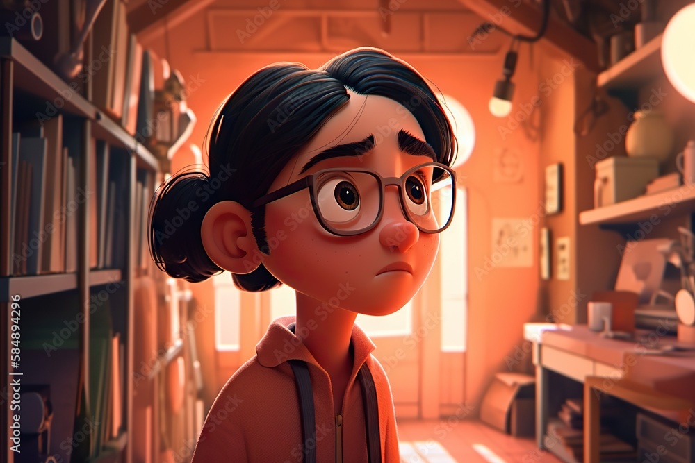 Poster a cartoon character with glasses and a ponytail in a library looking at a book shelf library animati