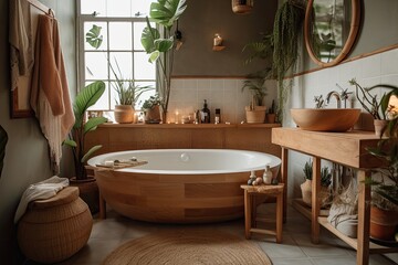 Boho. Vertical image of contemporary comfy bathtub and wooden shelf with beauty goods in warm boho chic bathroom with green tropical plants. Generative AI