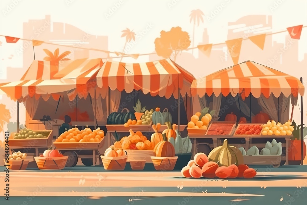 Poster a painting of a fruit stand with oranges and squash on display farm stand animation motion graphics 