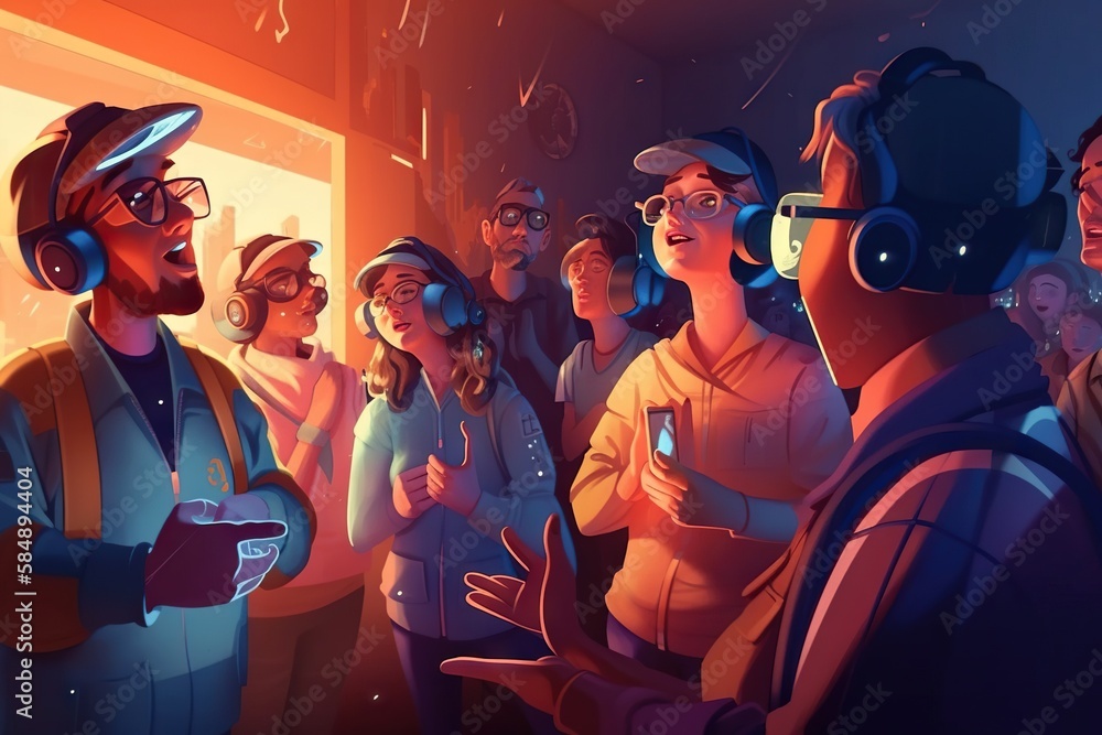 Poster a group of people standing in a room with headphones on workshop animation augmented reality generat