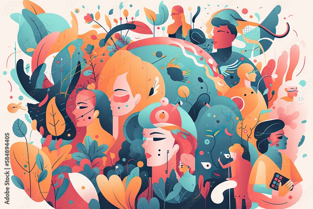 Poster a group of people with different colored shapes and sizes all surrounded by plants zoo fauvism print
